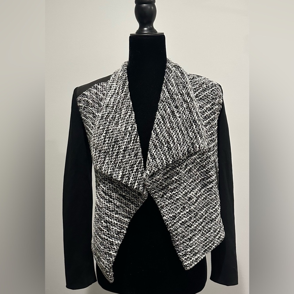 Alice + Olivia Burma Jacket Size 0 Leather & Tweed Long Sleeve Zipper Cuffs